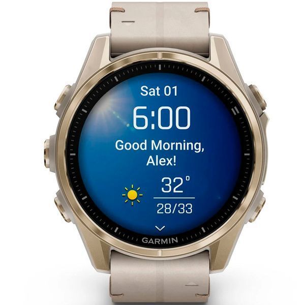 Смарт-годинник Garmin fenix 8 AMOLED (43 мм) Sapphire золотистий/вапняково-сірий шкіряний ремінець ексклюзив 010-02903-40 фото